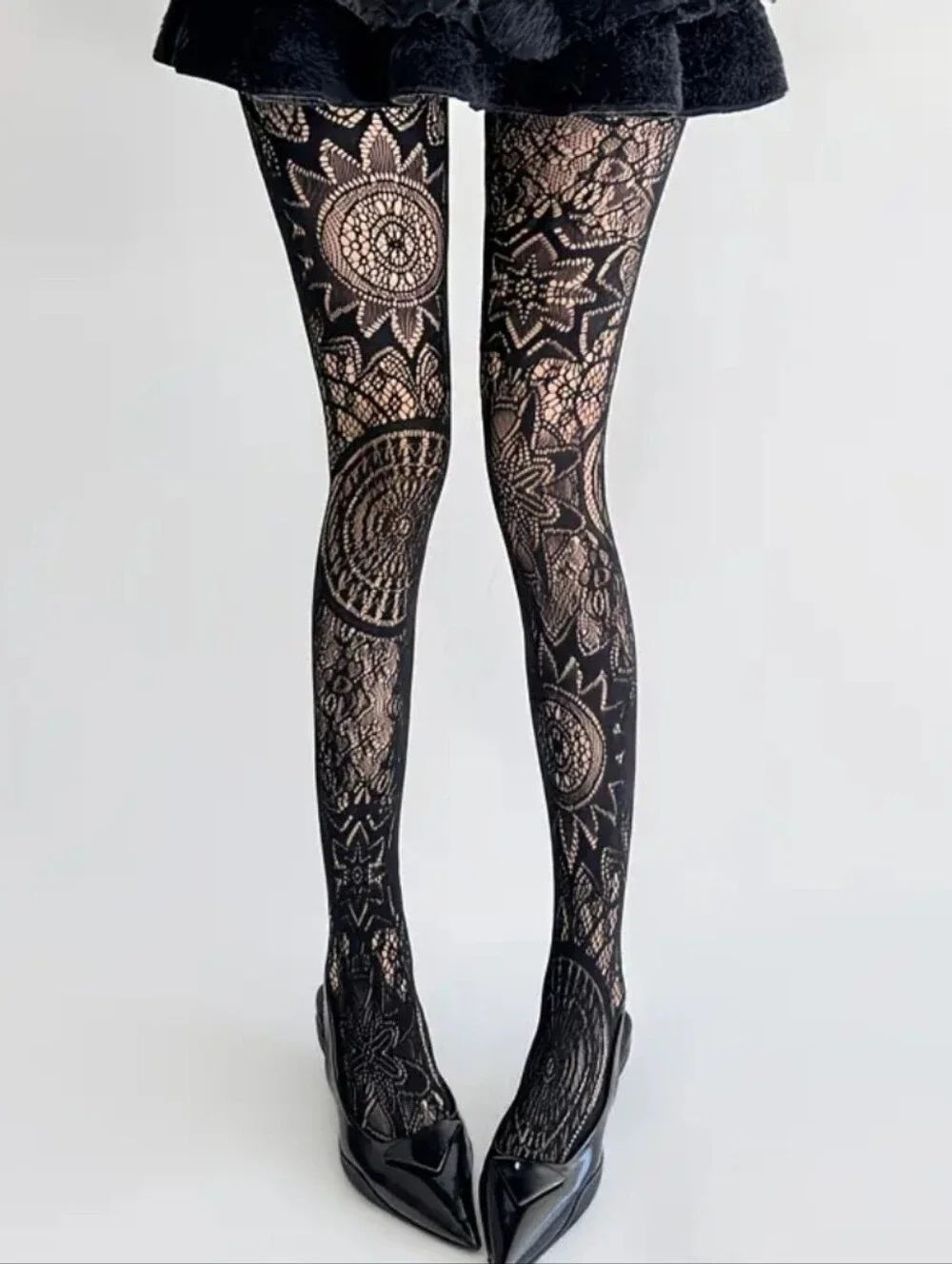 Gothic Lace Pattern Black Sheer Stockings Elegant Women's Hosiery